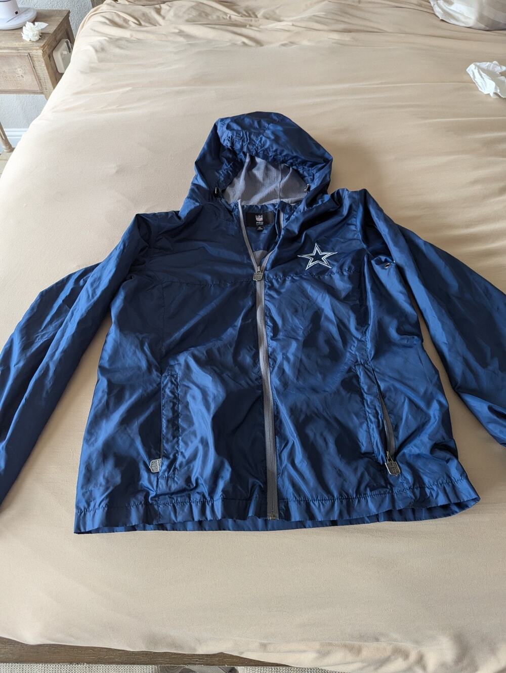 Dallas Cowboys Proline Kids Windbreaker/Raincoat,Med.Pockets Attached Hood,Navy